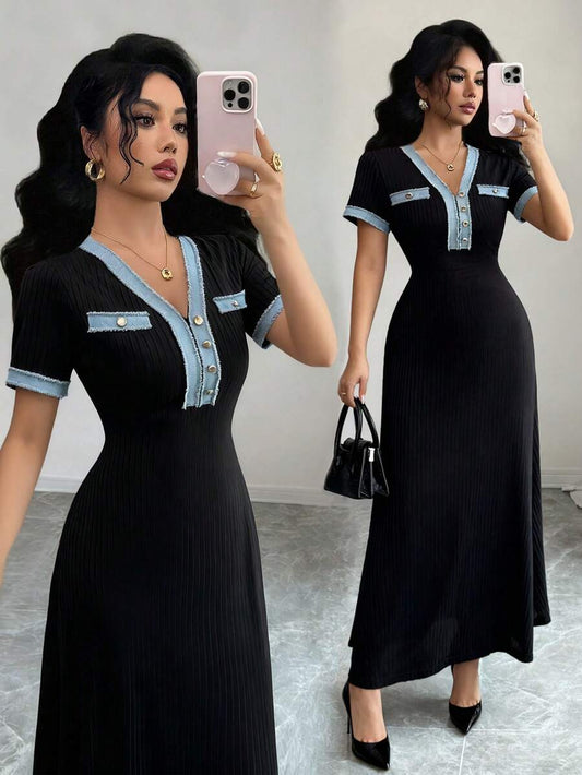 SHEIN Rafferiza فستان أسود محبوك بتطريز من الدانتيل