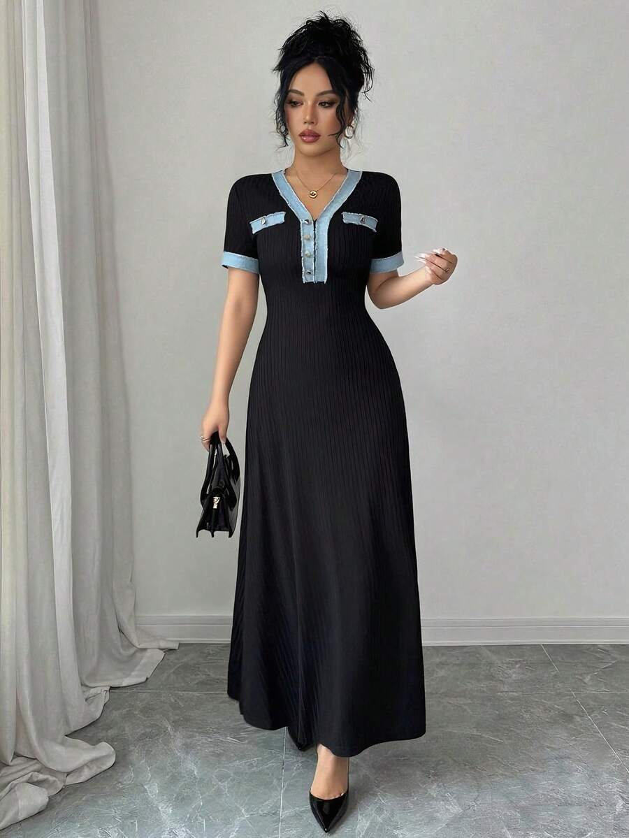 SHEIN Rafferiza فستان أسود محبوك بتطريز من الدانتيل