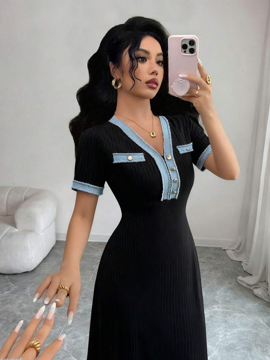 SHEIN Rafferiza فستان أسود محبوك بتطريز من الدانتيل