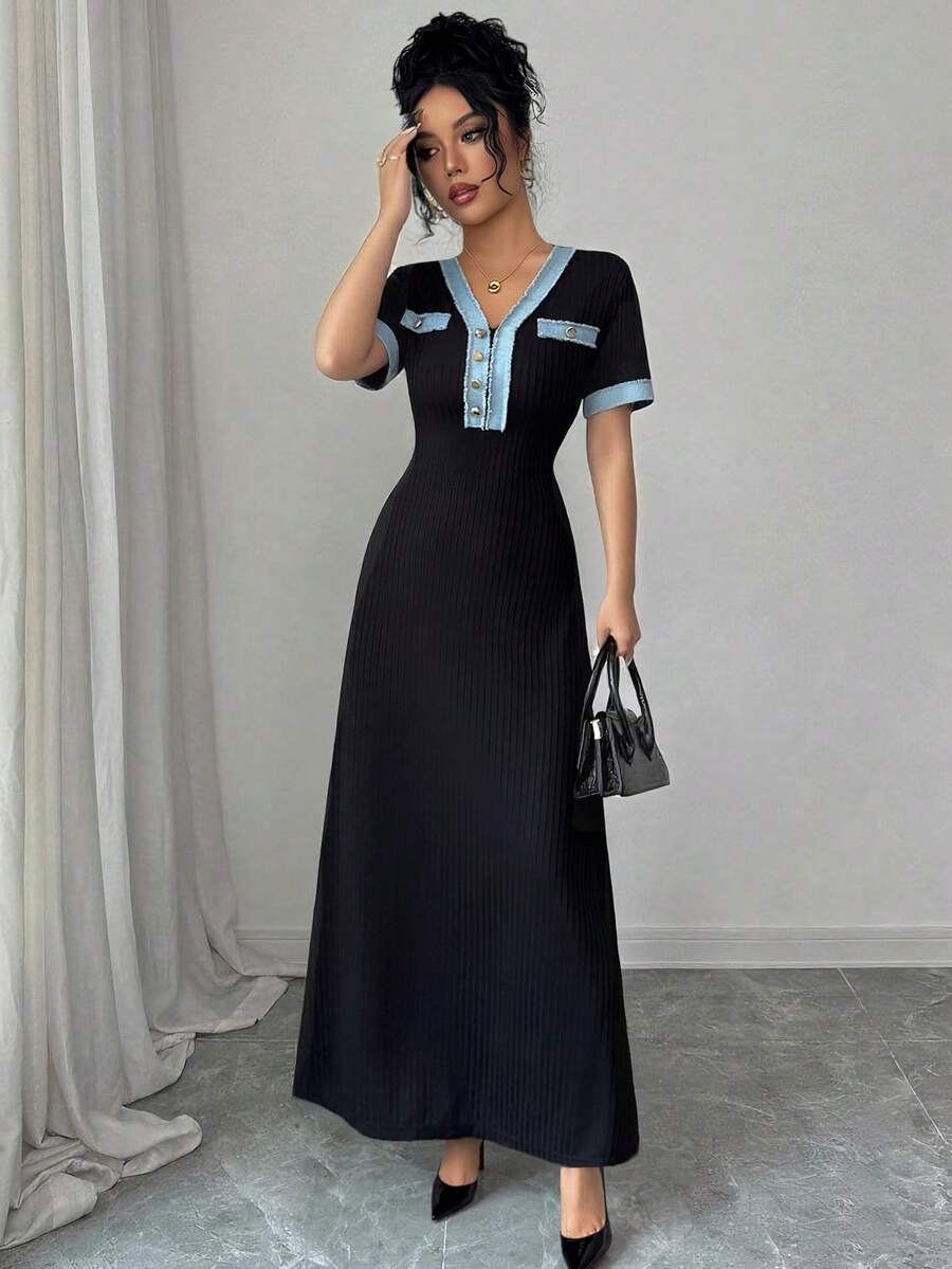 SHEIN Rafferiza فستان أسود محبوك بتطريز من الدانتيل