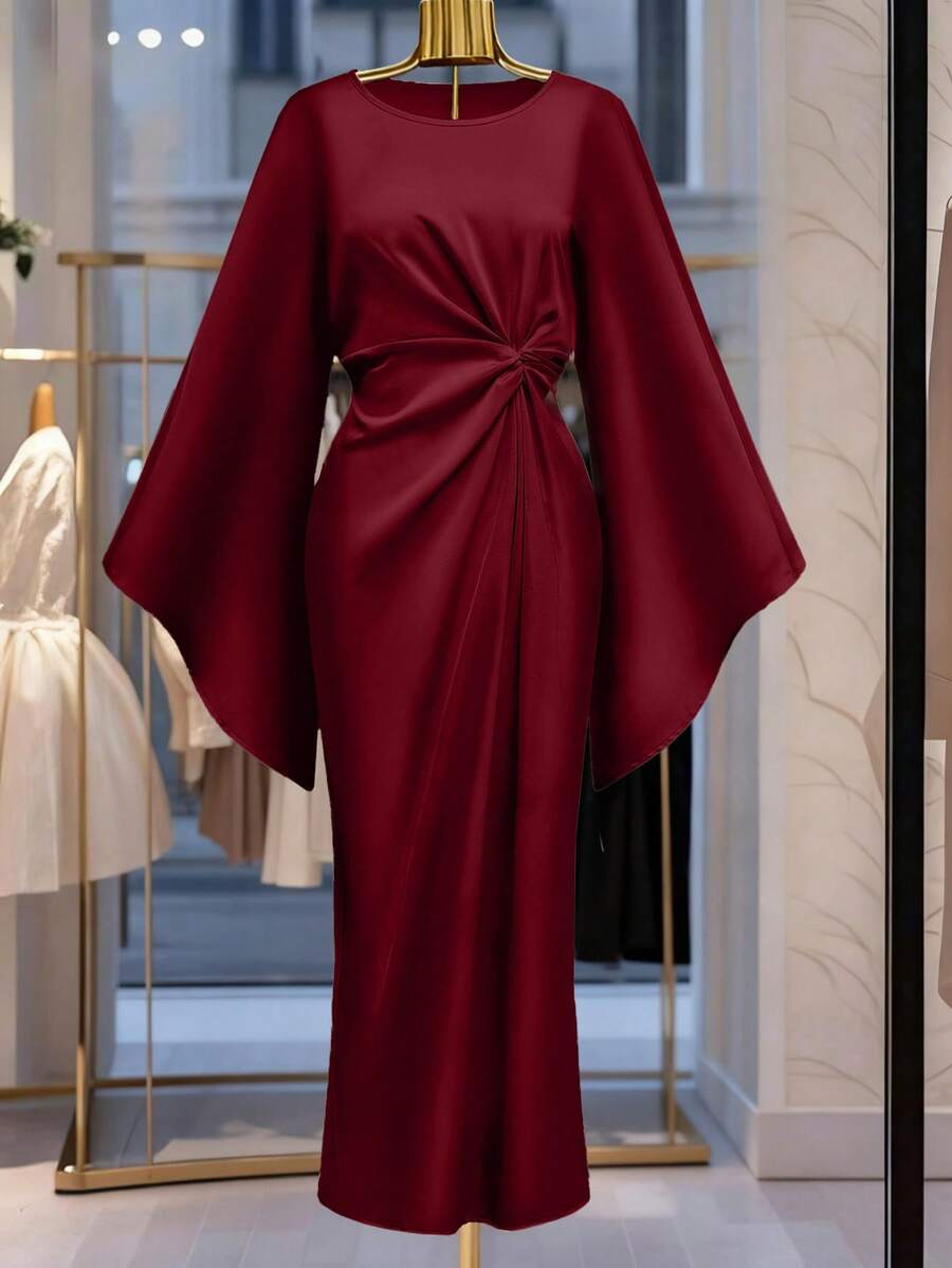 SHEIN Franclia فستان سهرة ساتان ملتوي عند الرقبة بأكمام واسعة وخصر ضيق