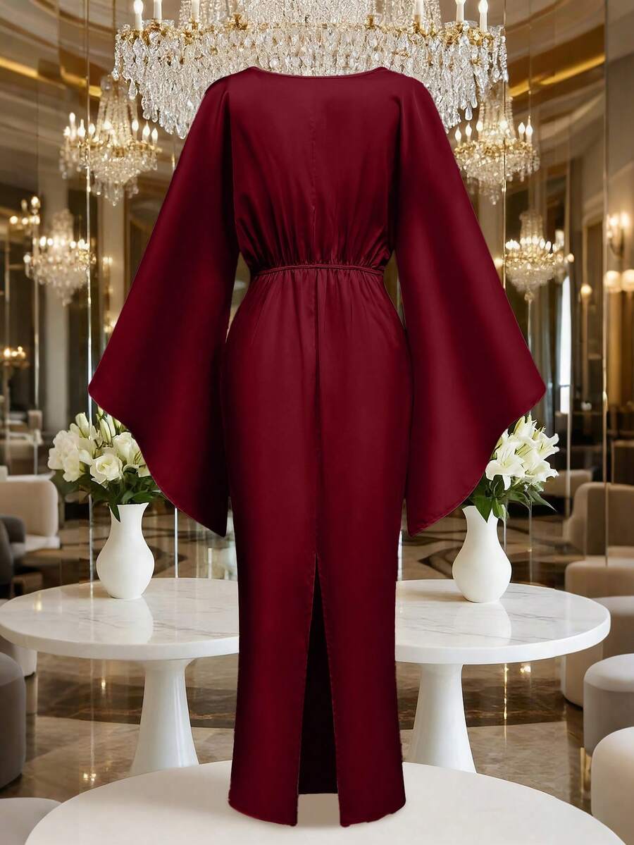 SHEIN Franclia فستان سهرة ساتان ملتوي عند الرقبة بأكمام واسعة وخصر ضيق