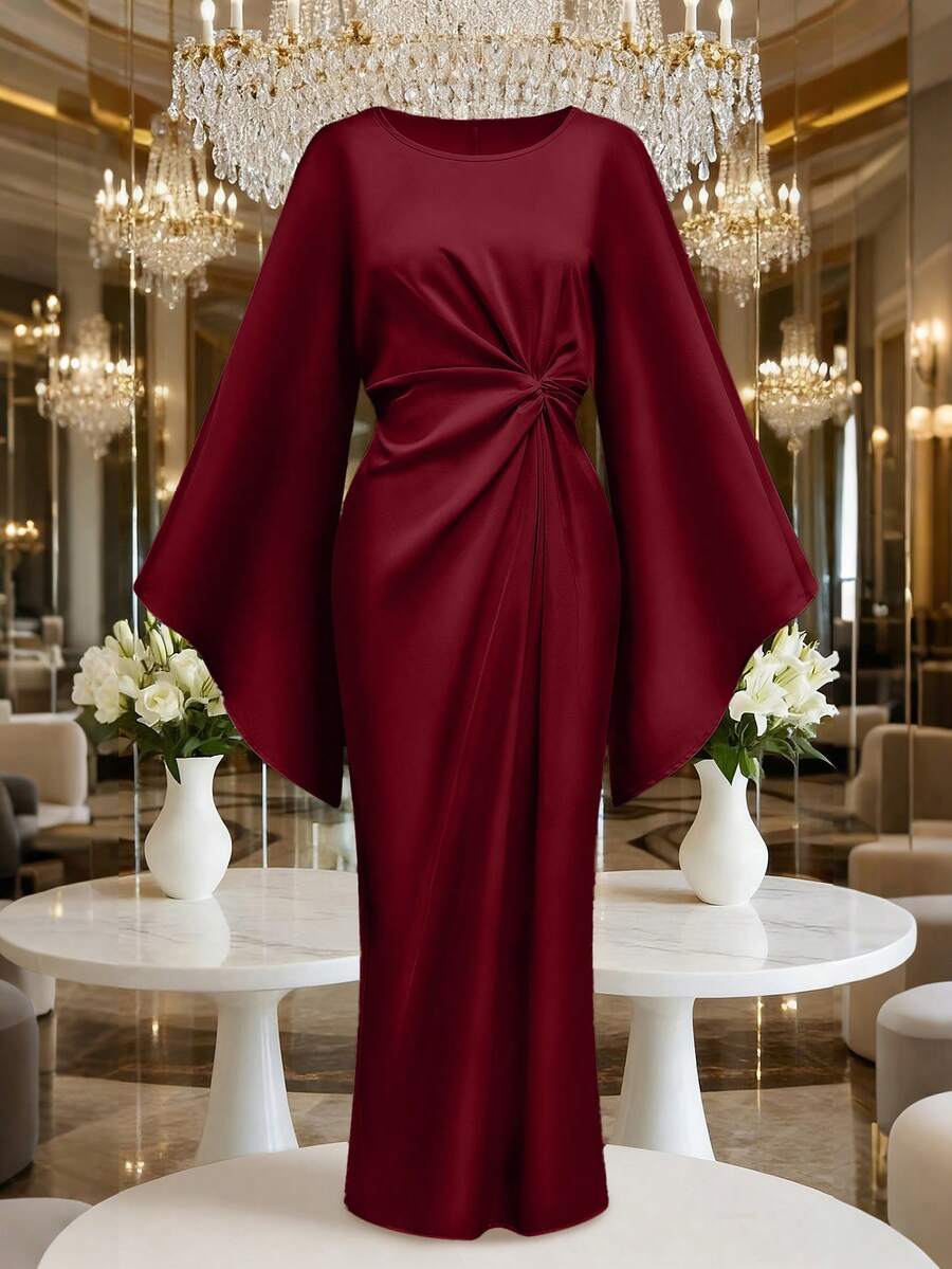 SHEIN Franclia فستان سهرة ساتان ملتوي عند الرقبة بأكمام واسعة وخصر ضيق