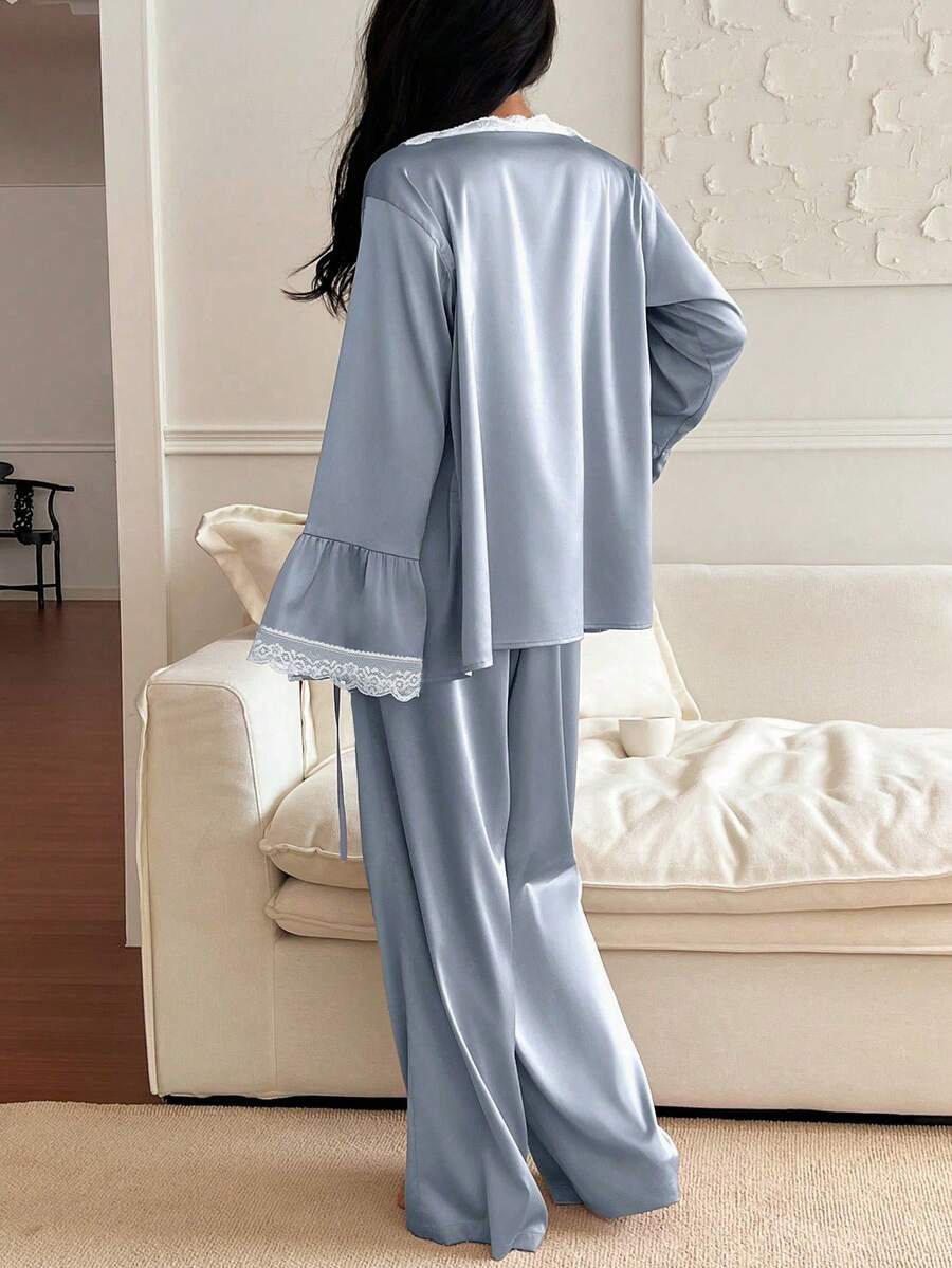 SHEIN DAZY طقم بيجامة 3 قطع من الساتان والدانتيل روب وتوب كامي وبنطلون طويل