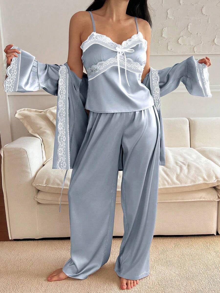 SHEIN DAZY طقم بيجامة 3 قطع من الساتان والدانتيل روب وتوب كامي وبنطلون طويل