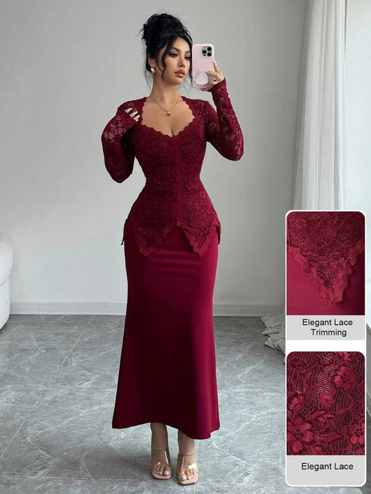 SHEIN Modelyn فستان عنابي ضيق بياقة مربعة ودانتيل وأزرار على الخصر