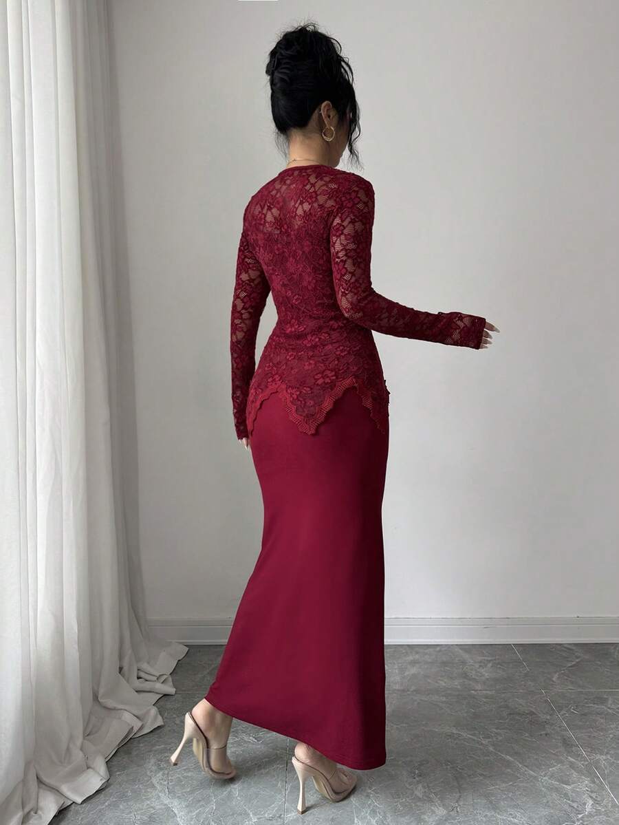 SHEIN Modelyn فستان عنابي ضيق بياقة مربعة ودانتيل وأزرار على الخصر