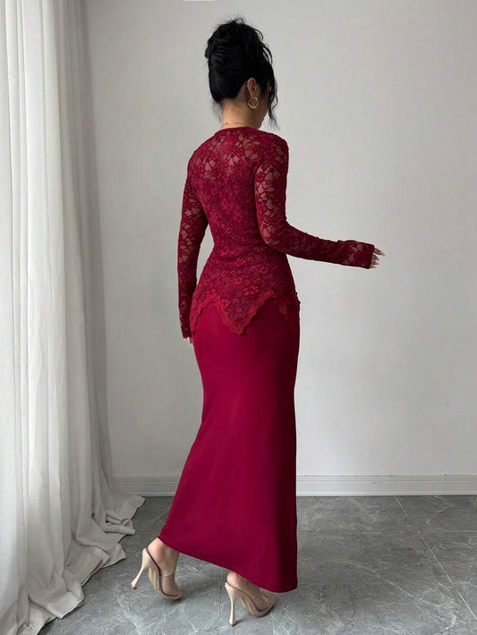 SHEIN Modelyn فستان عنابي ضيق بياقة مربعة ودانتيل وأزرار على الخصر