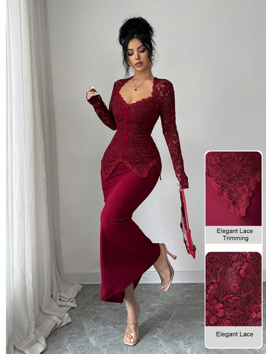 SHEIN Modelyn فستان عنابي ضيق بياقة مربعة ودانتيل وأزرار على الخصر
