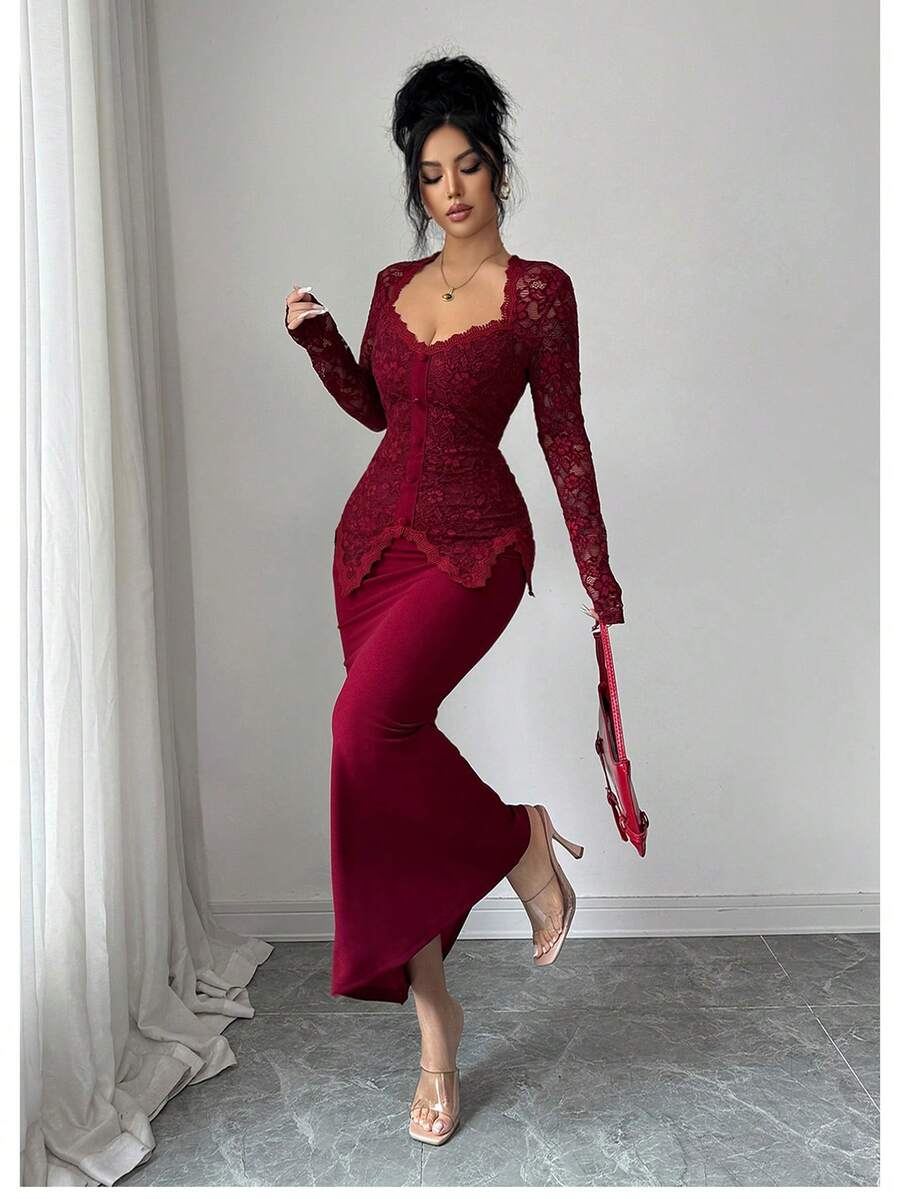 SHEIN Modelyn فستان عنابي ضيق بياقة مربعة ودانتيل وأزرار على الخصر