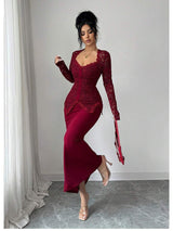 SHEIN Modelyn فستان عنابي ضيق بياقة مربعة ودانتيل وأزرار على الخصر
