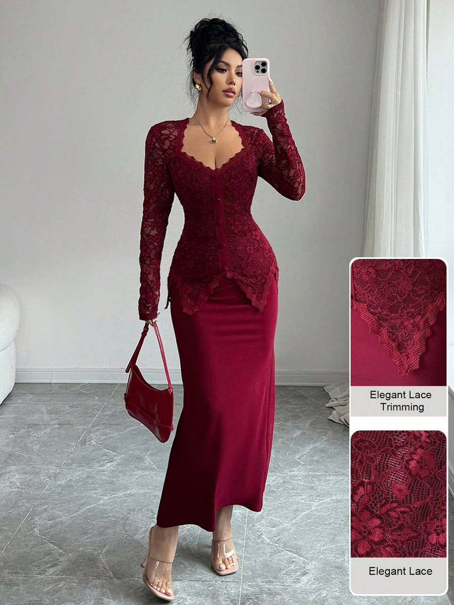 SHEIN Modelyn فستان عنابي ضيق بياقة مربعة ودانتيل وأزرار على الخصر