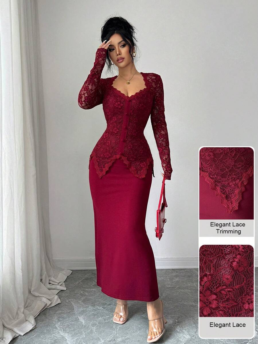 SHEIN Modelyn فستان عنابي ضيق بياقة مربعة ودانتيل وأزرار على الخصر