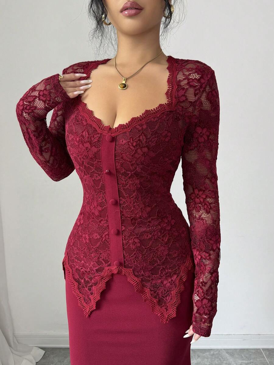 SHEIN Modelyn فستان عنابي ضيق بياقة مربعة ودانتيل وأزرار على الخصر