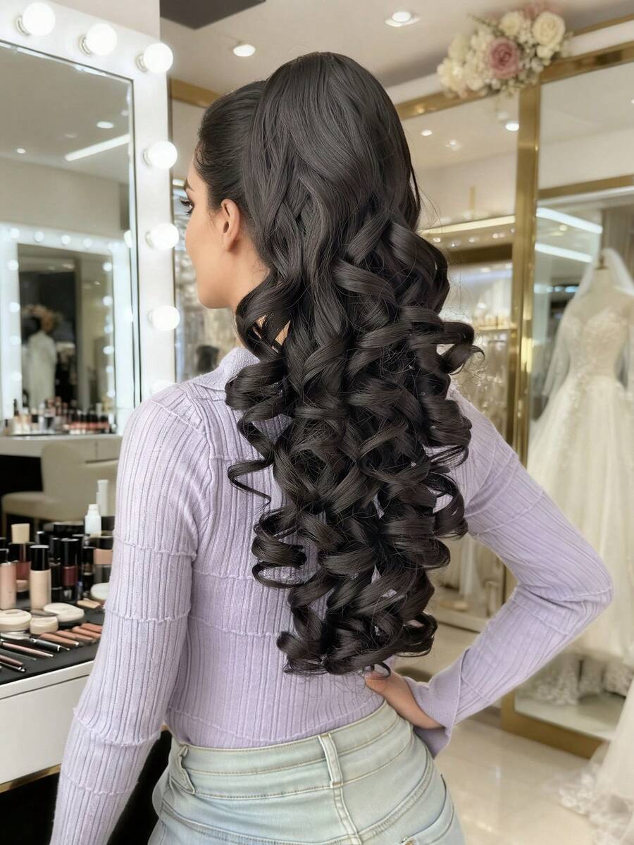 SHEIN باروكة شعر طويل 22 بوصة بلون أسود مموج بمشبك وسحاب