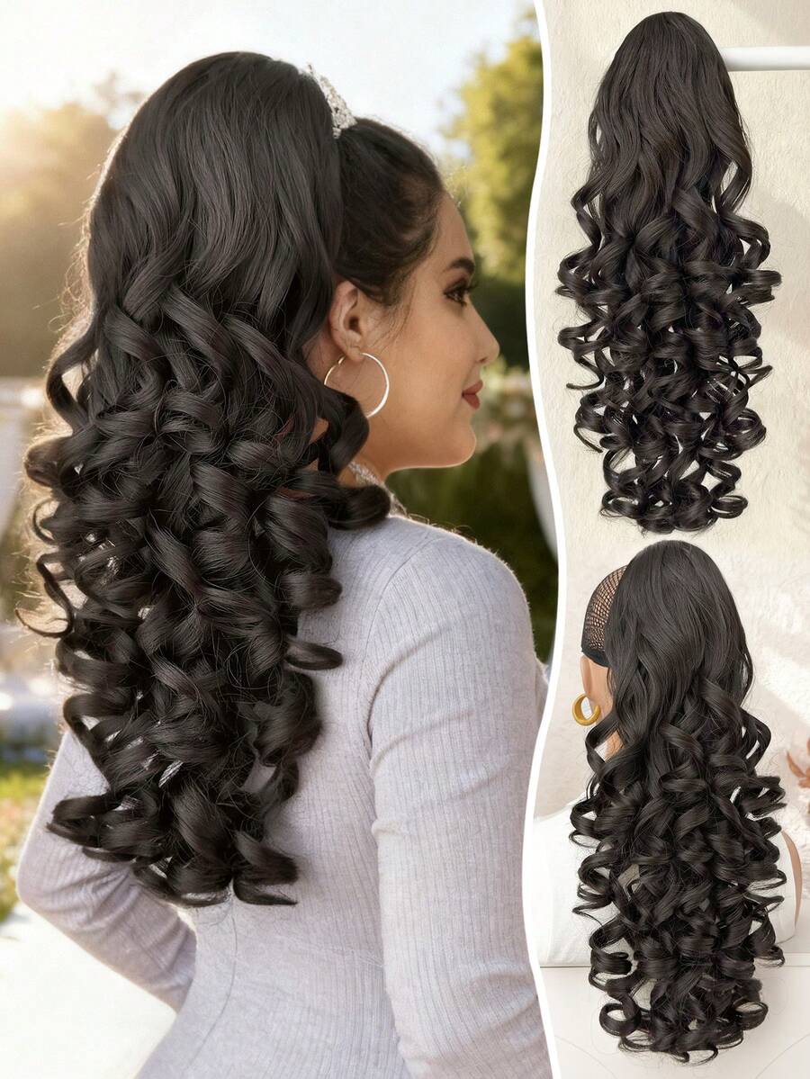 SHEIN باروكة شعر طويل 22 بوصة بلون أسود مموج بمشبك وسحاب
