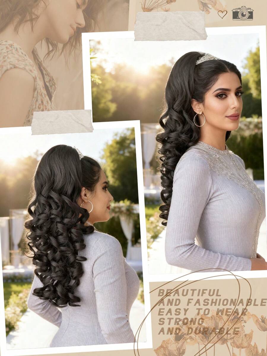 SHEIN باروكة شعر طويل 22 بوصة بلون أسود مموج بمشبك وسحاب