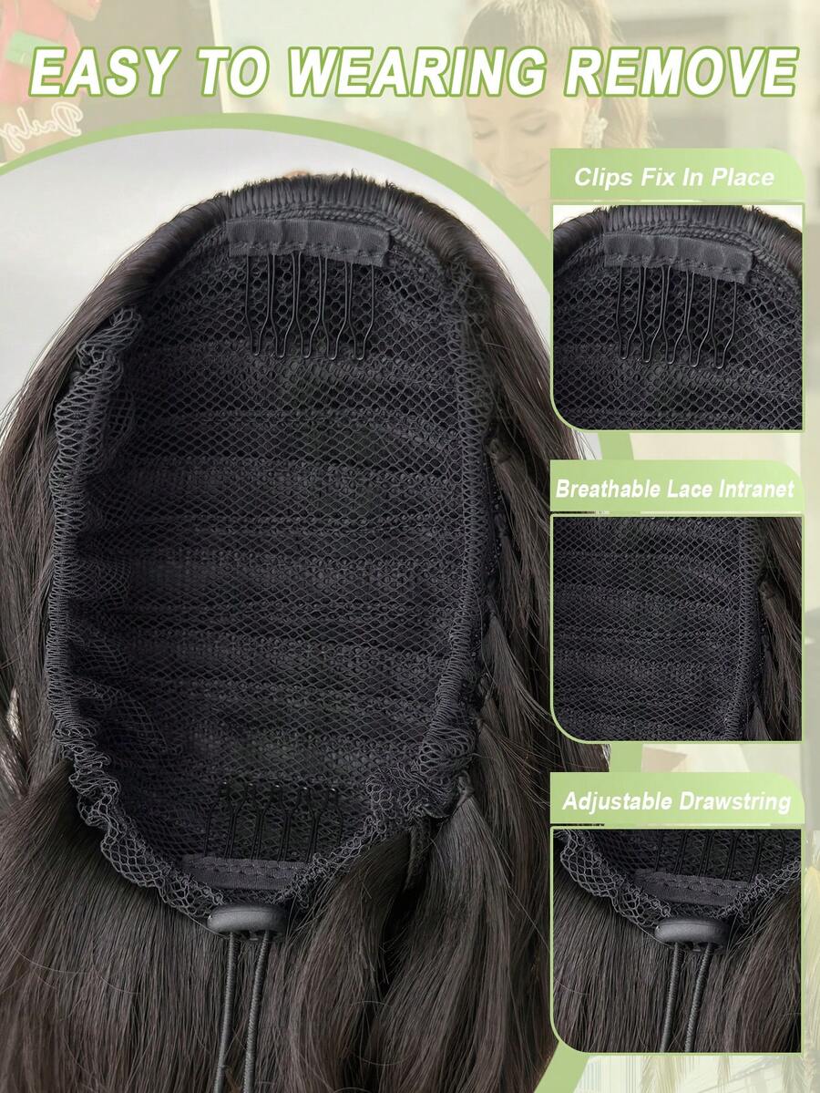 SHEIN باروكة شعر طويل 22 بوصة بلون أسود مموج بمشبك وسحاب