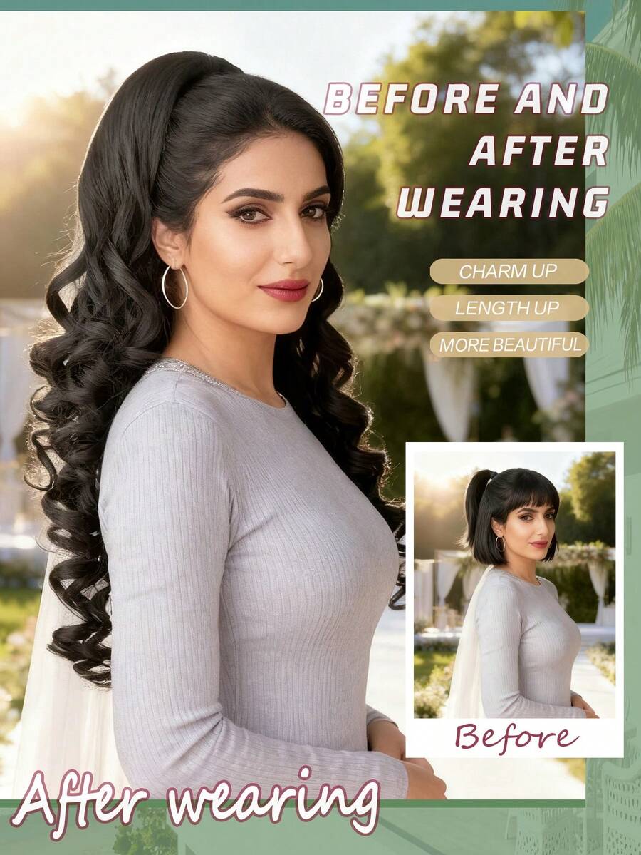 SHEIN باروكة شعر طويل 22 بوصة بلون أسود مموج بمشبك وسحاب