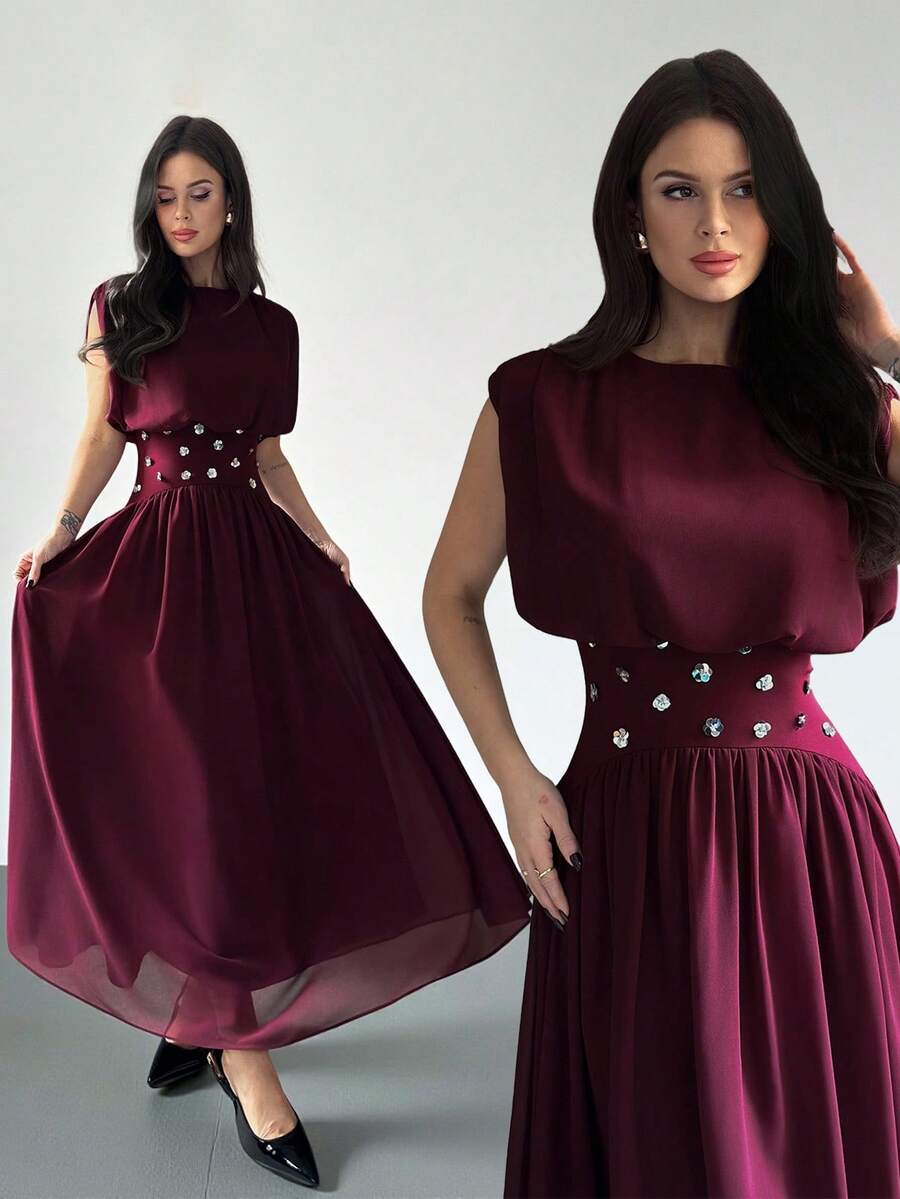 SHEIN Firerie فستان عنابي مطرز بالراين ستون لامع