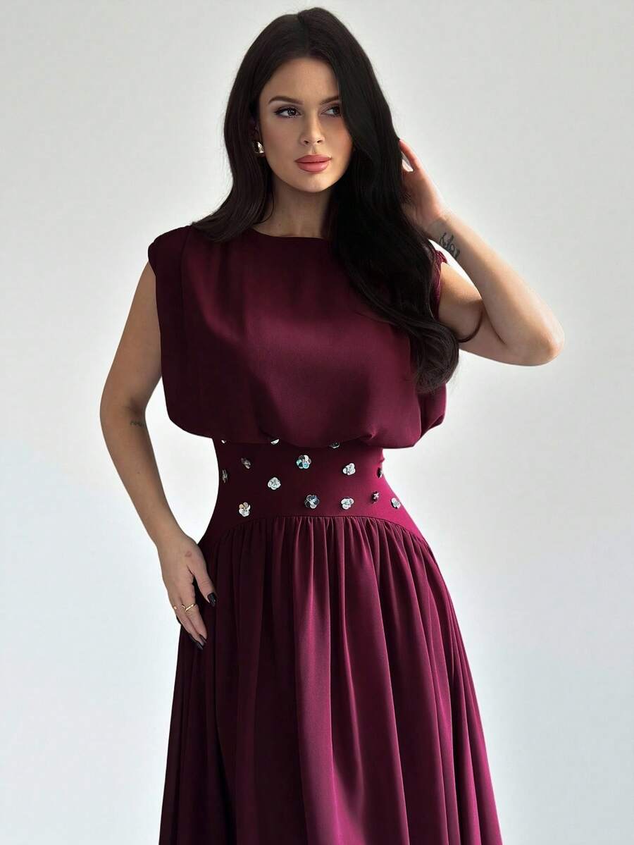 SHEIN Firerie فستان عنابي مطرز بالراين ستون لامع