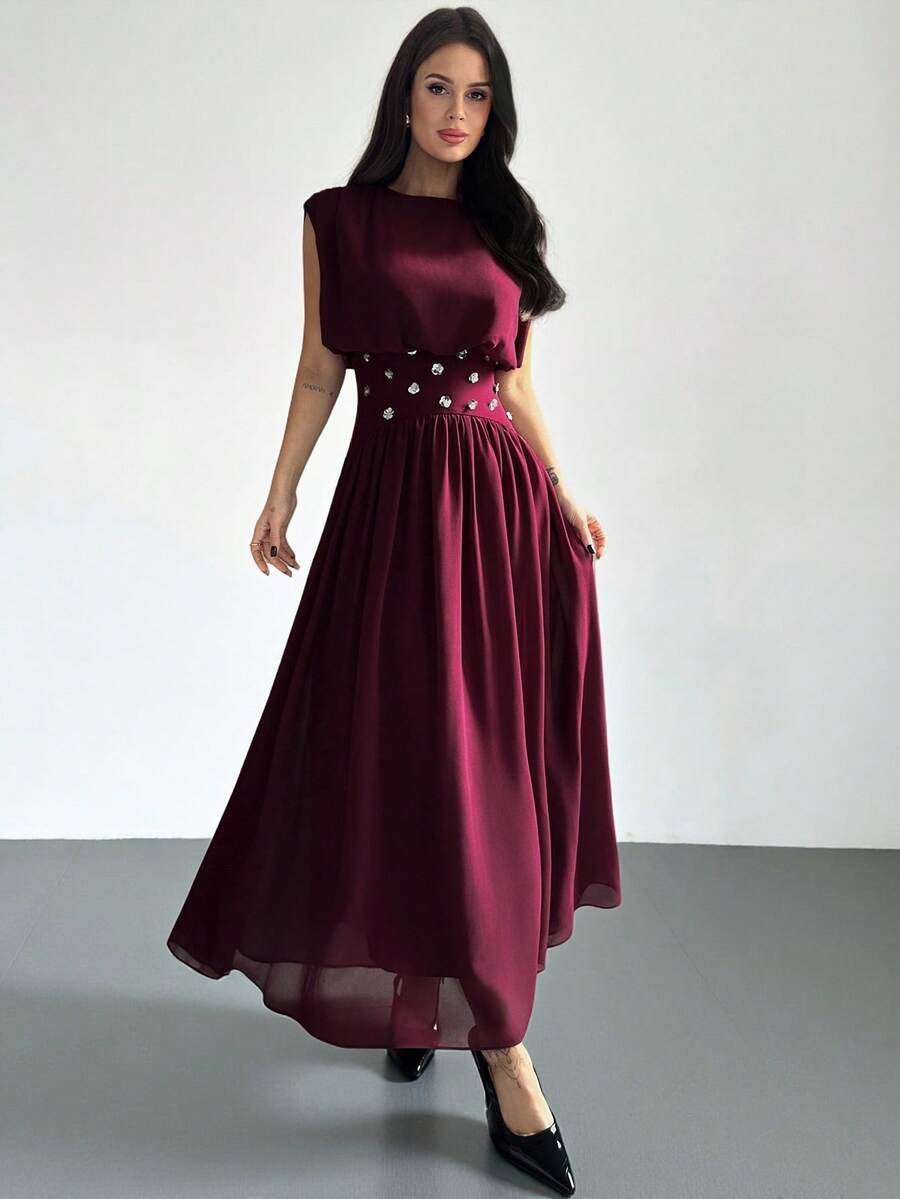 SHEIN Firerie فستان عنابي مطرز بالراين ستون لامع