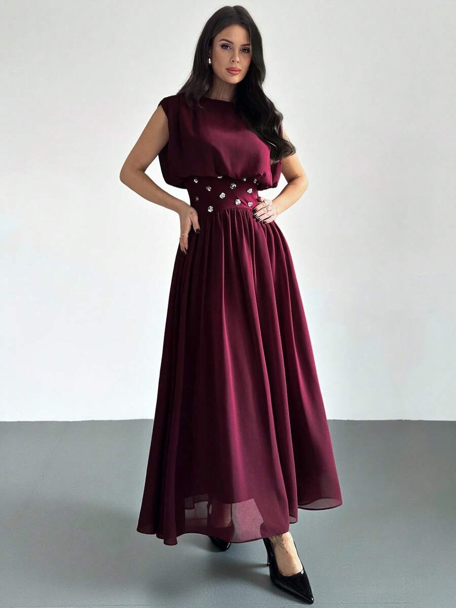 SHEIN Firerie فستان عنابي مطرز بالراين ستون لامع