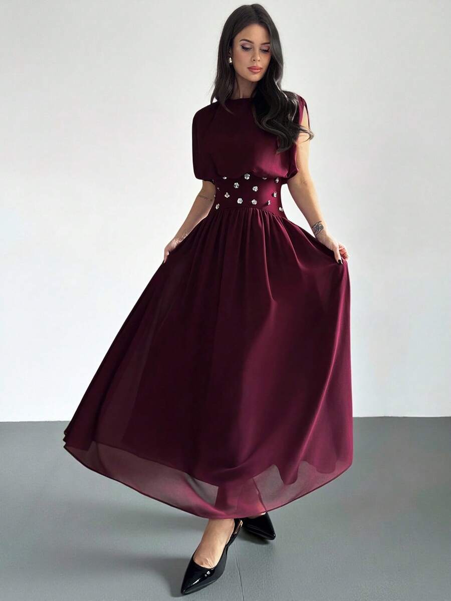 SHEIN Firerie فستان عنابي مطرز بالراين ستون لامع