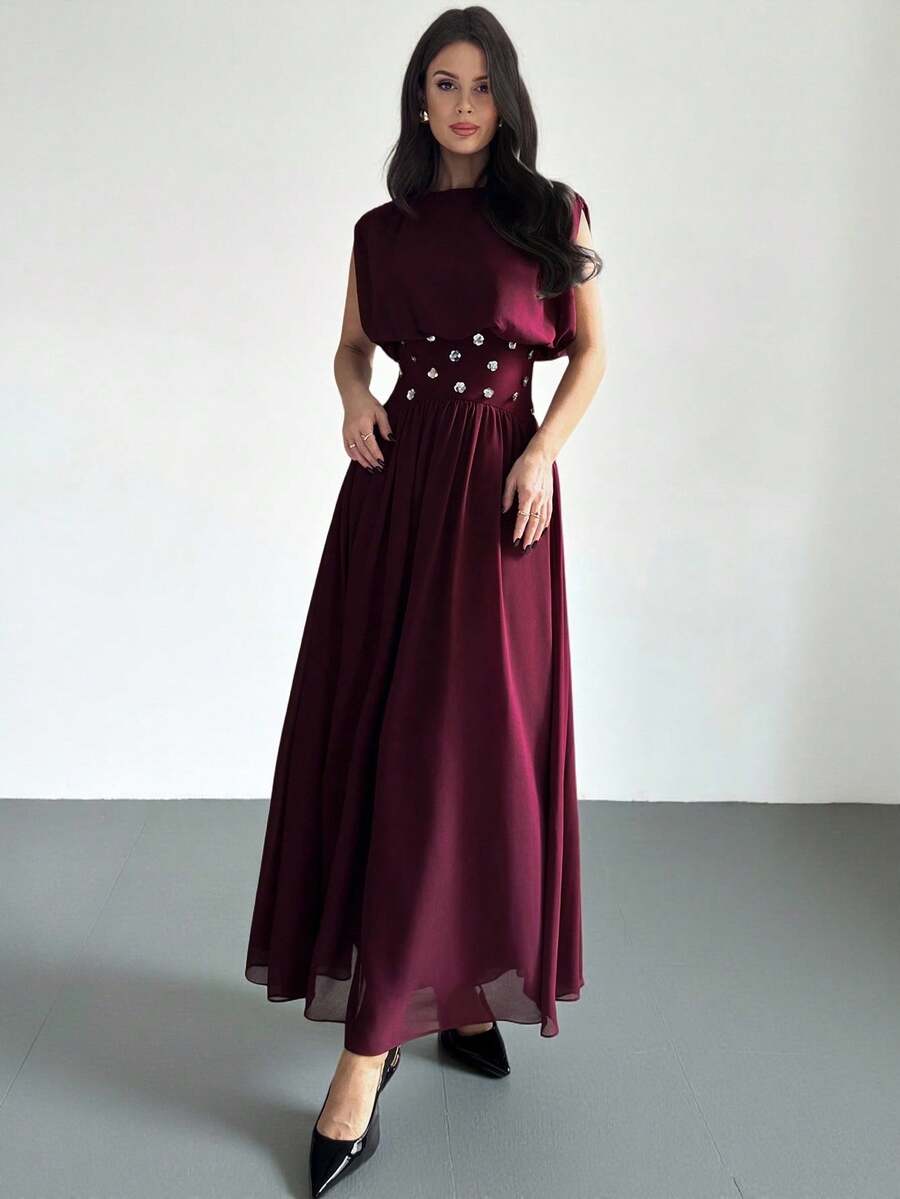 SHEIN Firerie فستان عنابي مطرز بالراين ستون لامع