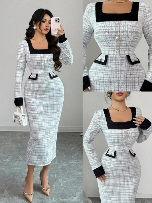 SHEIN Elenzya فستان متوسط الطول بأكمام طويلة برقبة مربعة