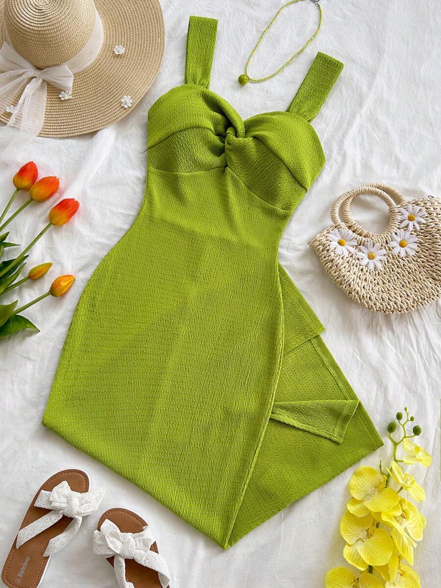 SHEIN Soleia فستان إلكيجان بلون أخضر بتصميم ملتوي
