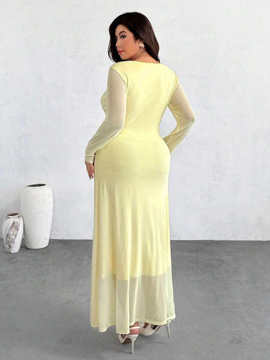SHEIN Firerie فستان أصفر للمقاسات الكبيرة بأكمام طويلة وخصر مطاطي وطبقة شبكية