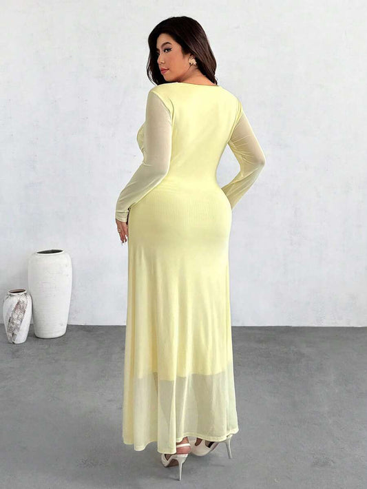 SHEIN Firerie فستان أصفر للمقاسات الكبيرة بأكمام طويلة وخصر مطاطي وطبقة شبكية