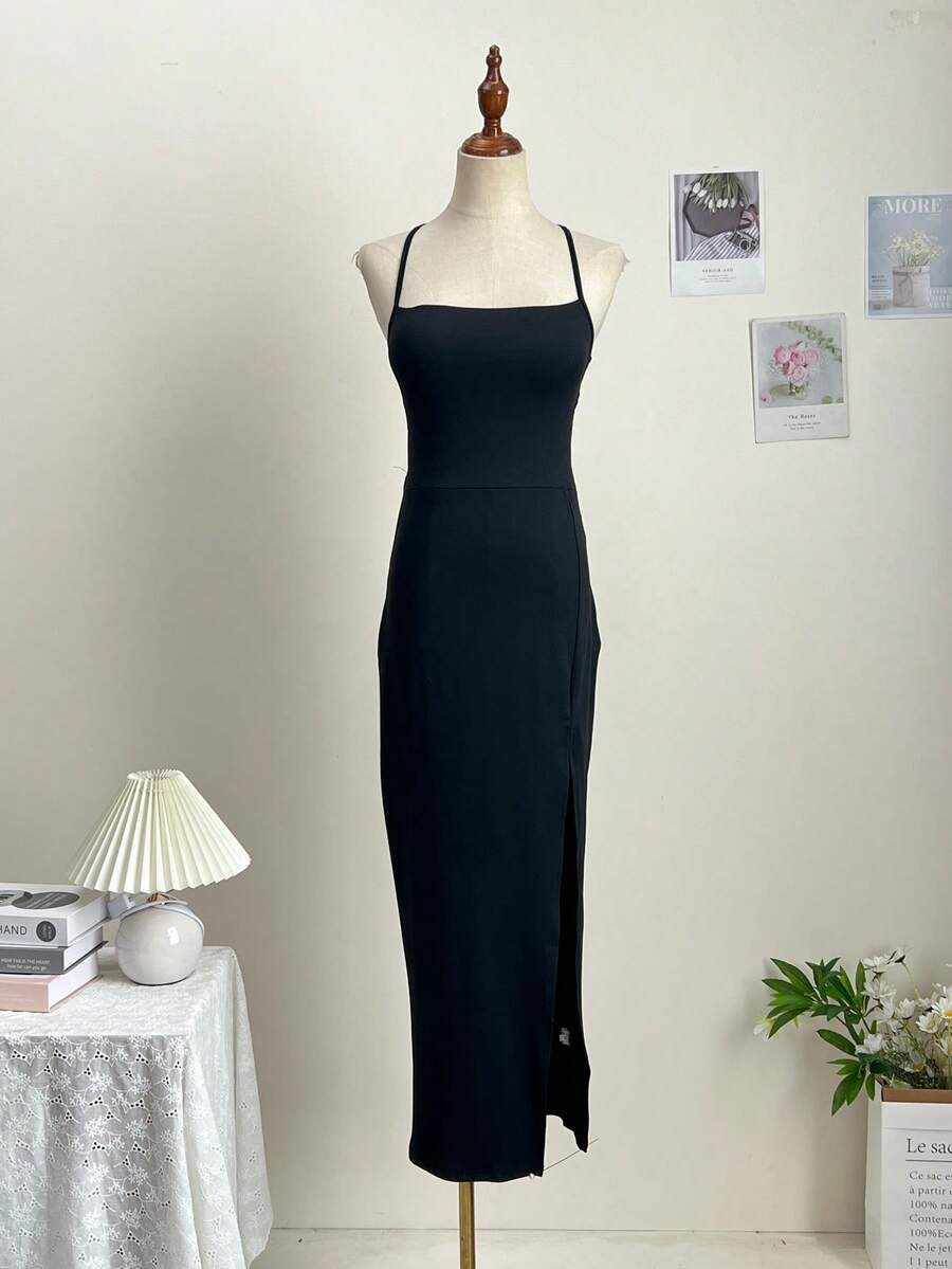 SHEIN فستان سليب أسود أنيق بأربطة ظهر وشق جانبي