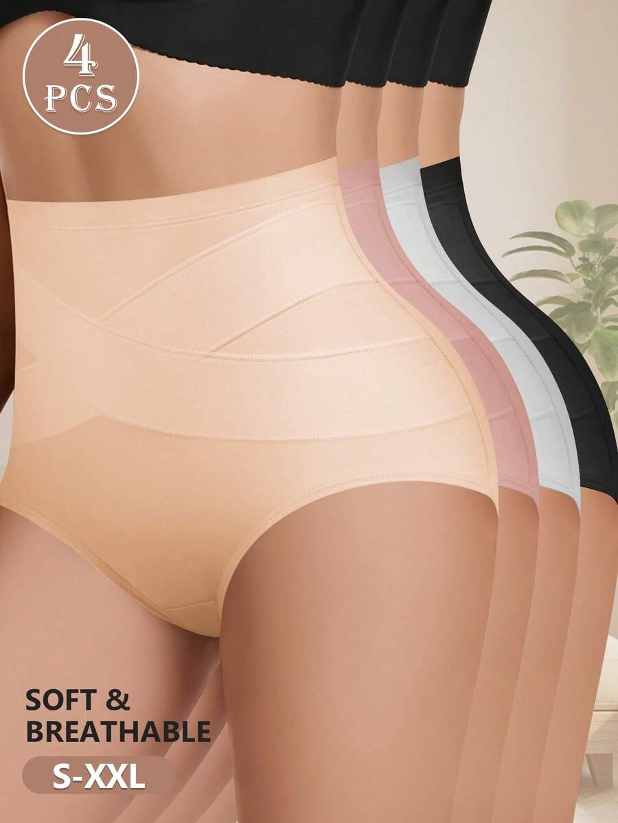 SHEIN MEIYATING طقم 4 سراويل قطنية بخصر عالي للتحكم البطن ورفع الأرداف