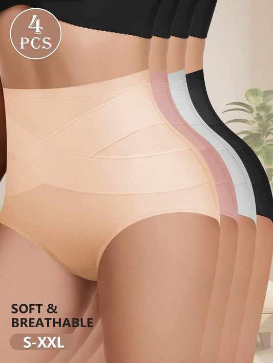 SHEIN MEIYATING طقم 4 سراويل قطنية بخصر عالي للتحكم البطن ورفع الأرداف