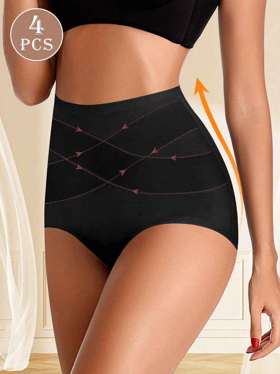 SHEIN MEIYATING طقم 4 سراويل قطنية بخصر عالي للتحكم البطن ورفع الأرداف
