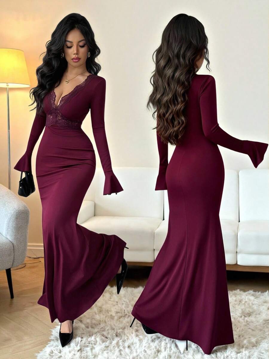 SHEIN Rafferiza فستان عنابي اللون بأكمام واسعة طويل الأرضية