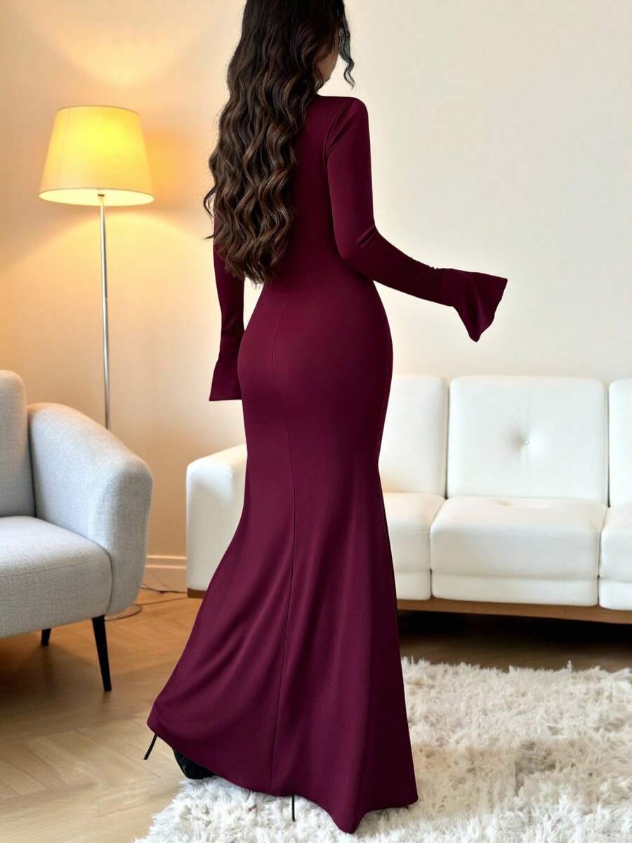 SHEIN Rafferiza فستان عنابي اللون بأكمام واسعة طويل الأرضية