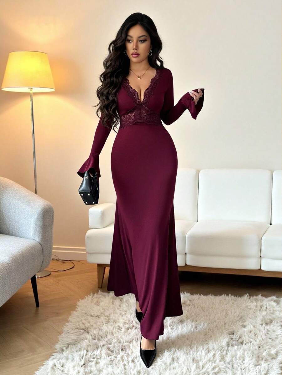 SHEIN Rafferiza فستان عنابي اللون بأكمام واسعة طويل الأرضية