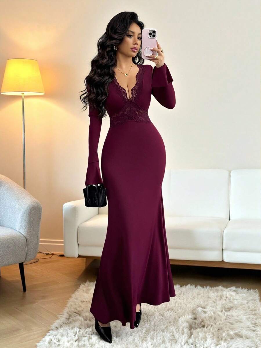 SHEIN Rafferiza فستان عنابي اللون بأكمام واسعة طويل الأرضية