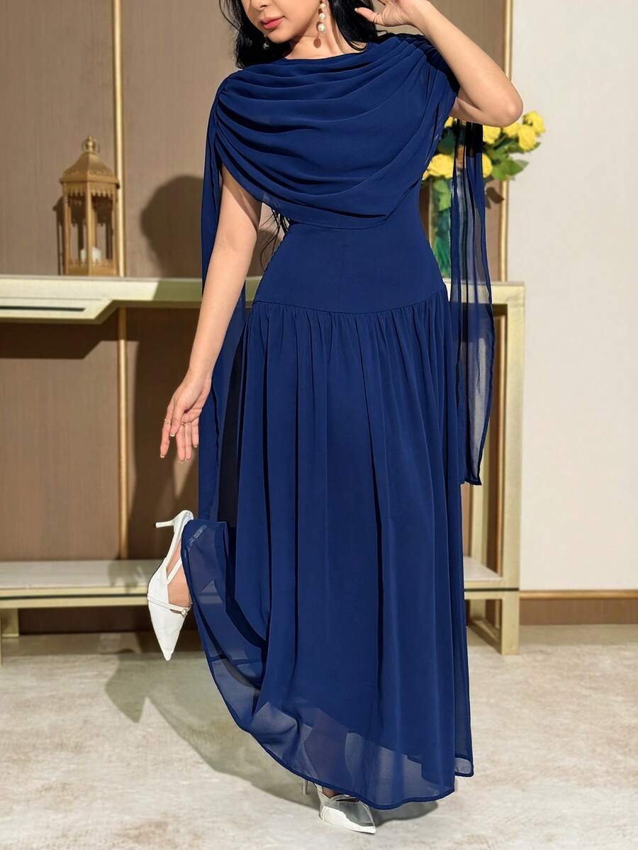 SHEIN فستان أنيق بلون أزرق مطوي متوسط الطول