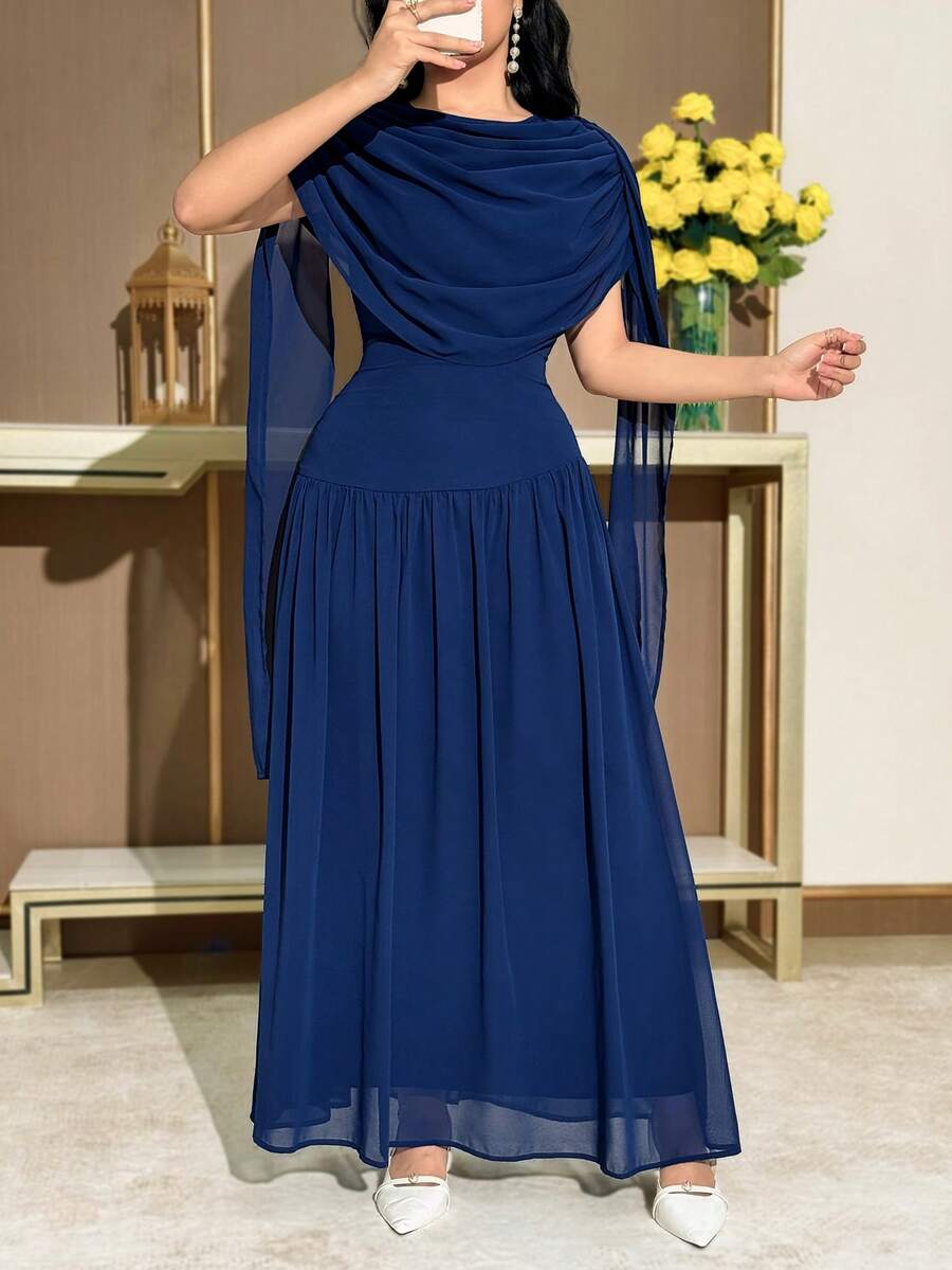 SHEIN فستان أنيق بلون أزرق مطوي متوسط الطول