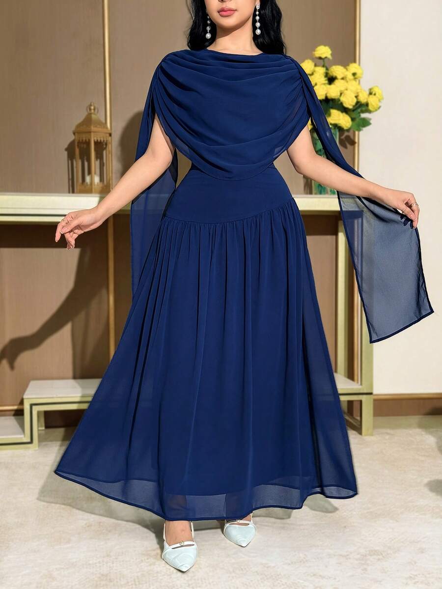 SHEIN فستان أنيق بلون أزرق مطوي متوسط الطول