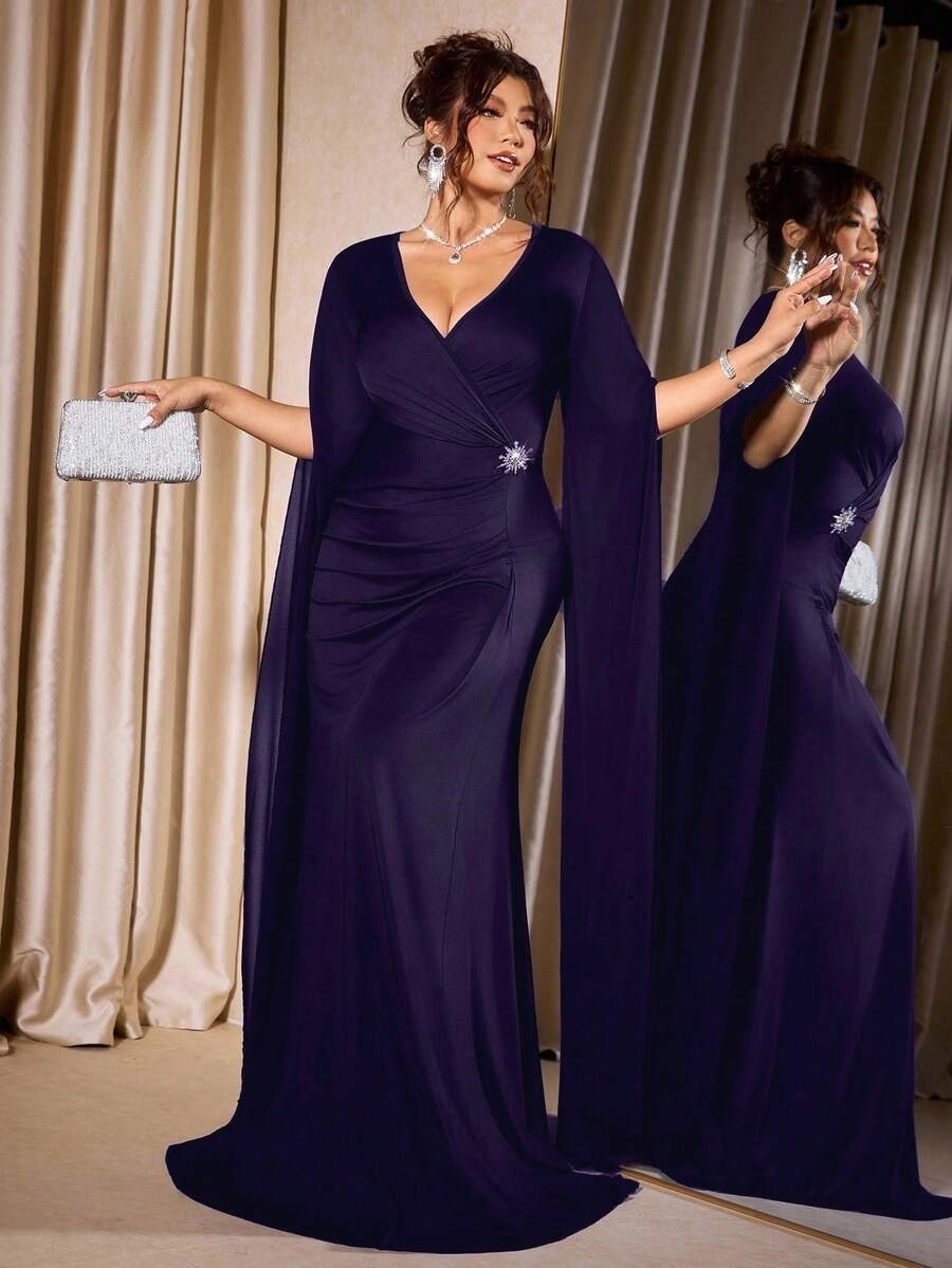 SHEIN Cravure فستان ماكسي أرجواني شيفون مقاس كبير بأكمام طويلة