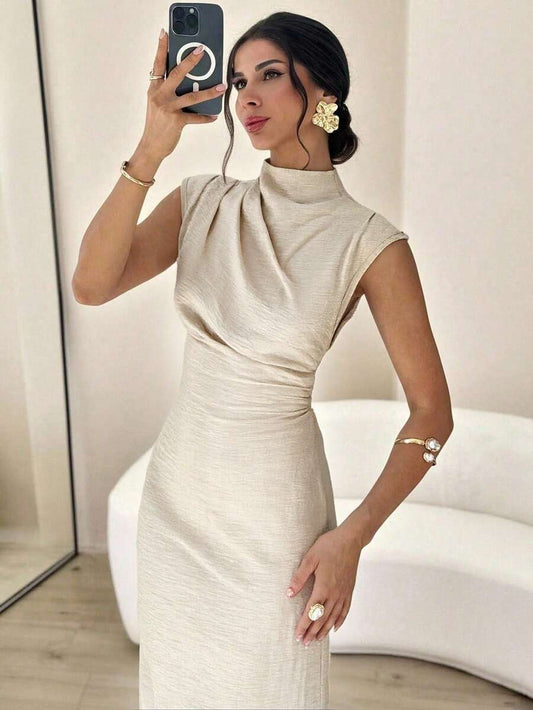 SHEIN Firerie فستان بلون مشمشي بياقة مندرين بخصر مربوط