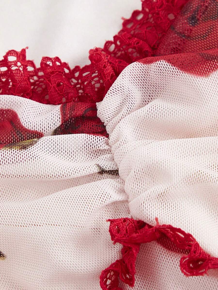SHEIN MOD فستان أحمر من الدانتيل بأكمام طويلة بطبعة وردية