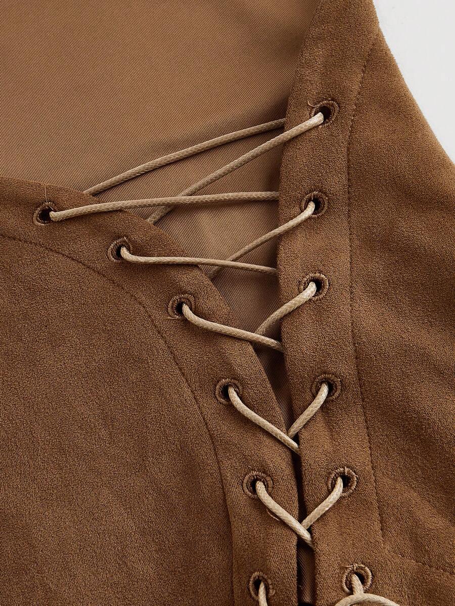 SHEIN MOD فستان بني ضيق بتصميم رقعي وتنورة متدرجة غير متماثلة بطابع فينتاج