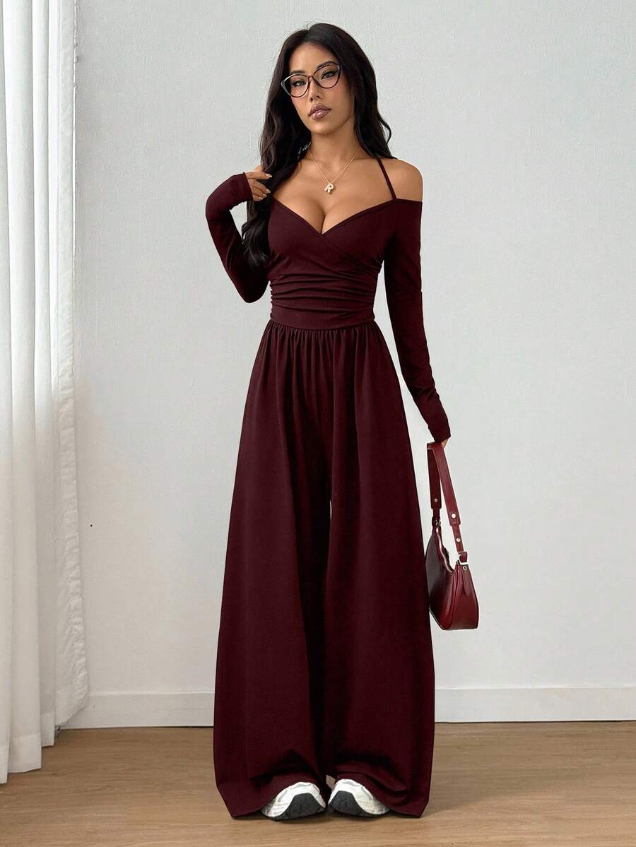 SHEIN Flirla جمبسوت سادة بربطة عنق بلون عنابي