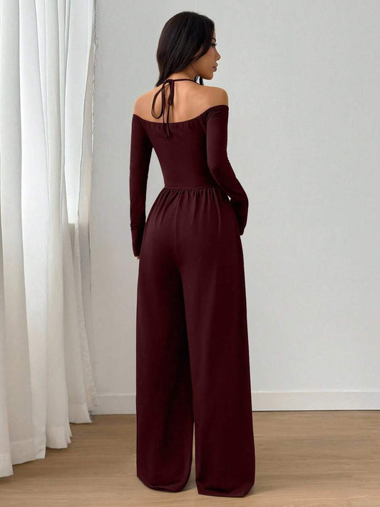 SHEIN Flirla جمبسوت سادة بربطة عنق بلون عنابي